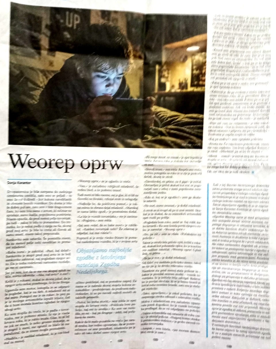 Weorep oprw, Sonja Koranter: časopisna objava s fotografijo otroka ob zaslonu in besedilom zgodbe v stolpcih