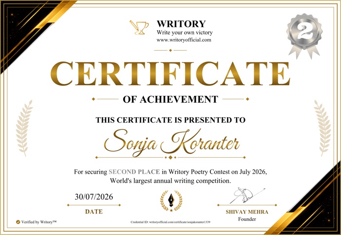 Certifikat Writory — julij 2026, 2. mesto, Sonja Koranter